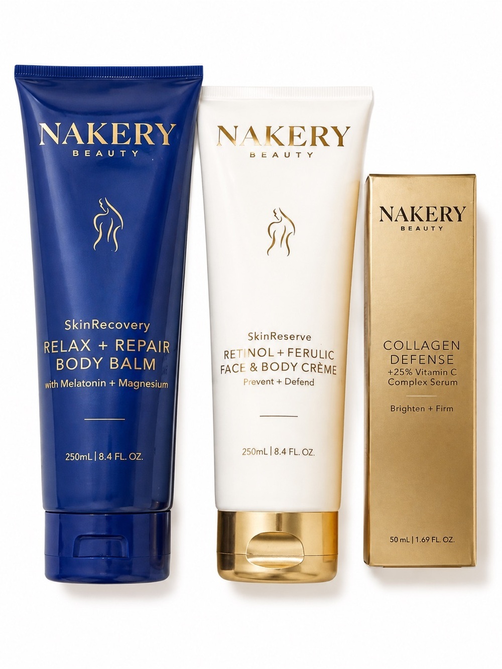 NWT Nakery Beauty 3-Pc Skincare Lot: Retinol Crème, R&R Balm, Collagen Serum